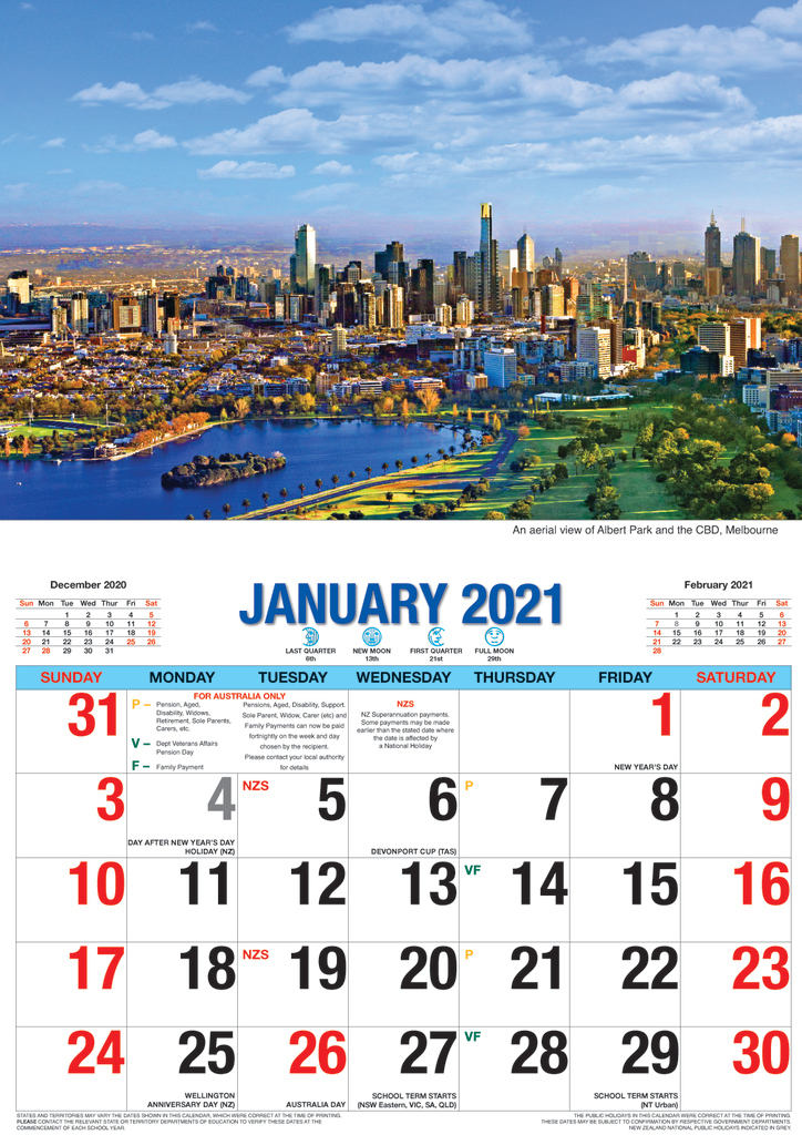 Melbourne - 2021 Rectangle Wall Calendar 13 Months by Bartel