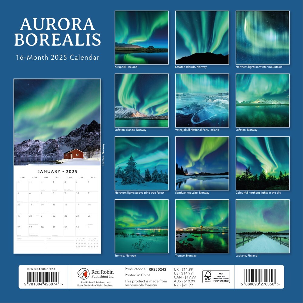 Aurora Boraellis Northern lights 2025 Square Wall Calendar 16 month by Red Robin FIL