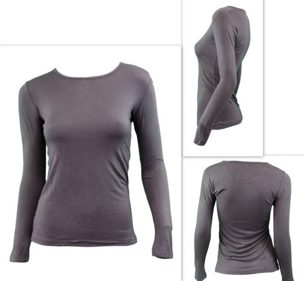 NEW Women's Long Sleeve Crew Neck Soft Stretch Plain Colours Basic Tee T-Shirt - Picture 50 of 57