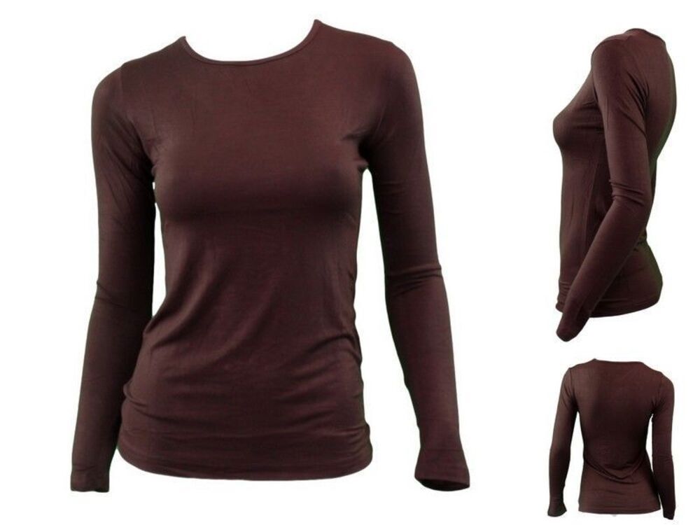 NEW Women's Long Sleeve Crew Neck Soft Stretch Plain Colours Basic Tee T-Shirt - Picture 26 of 57