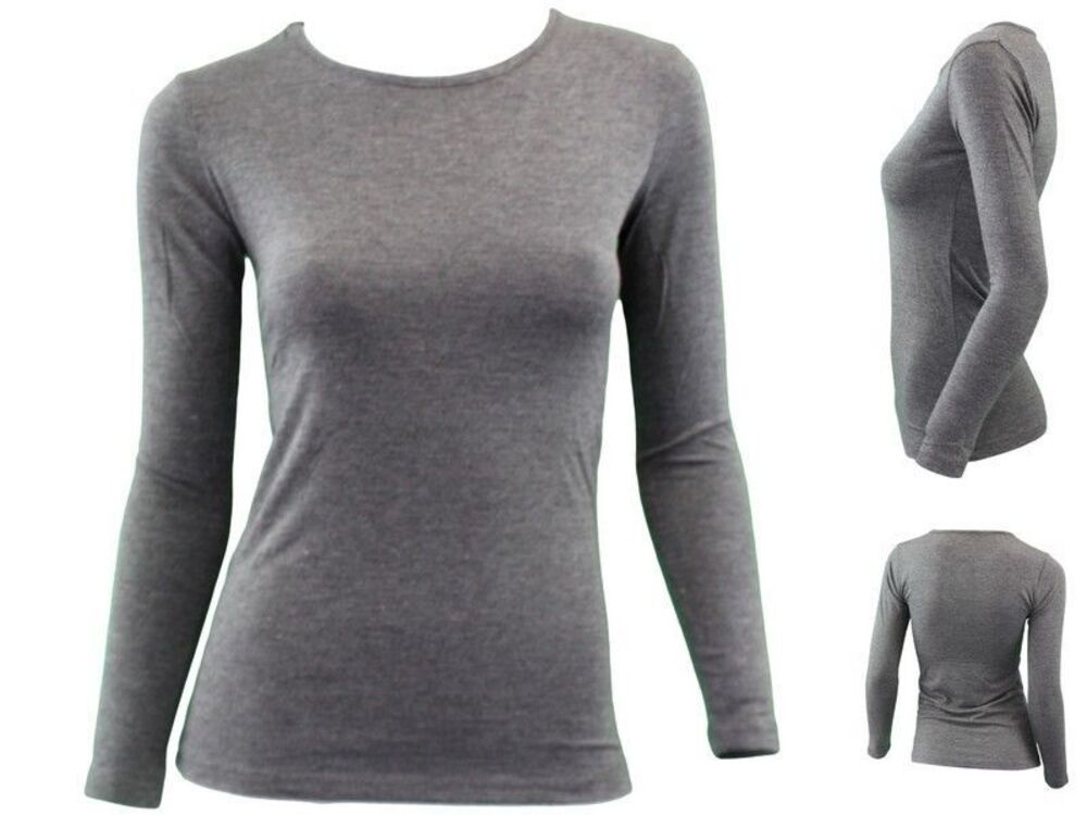 NEW Women's Long Sleeve Crew Neck Soft Stretch Plain Colours Basic Tee T-Shirt - Picture 46 of 57