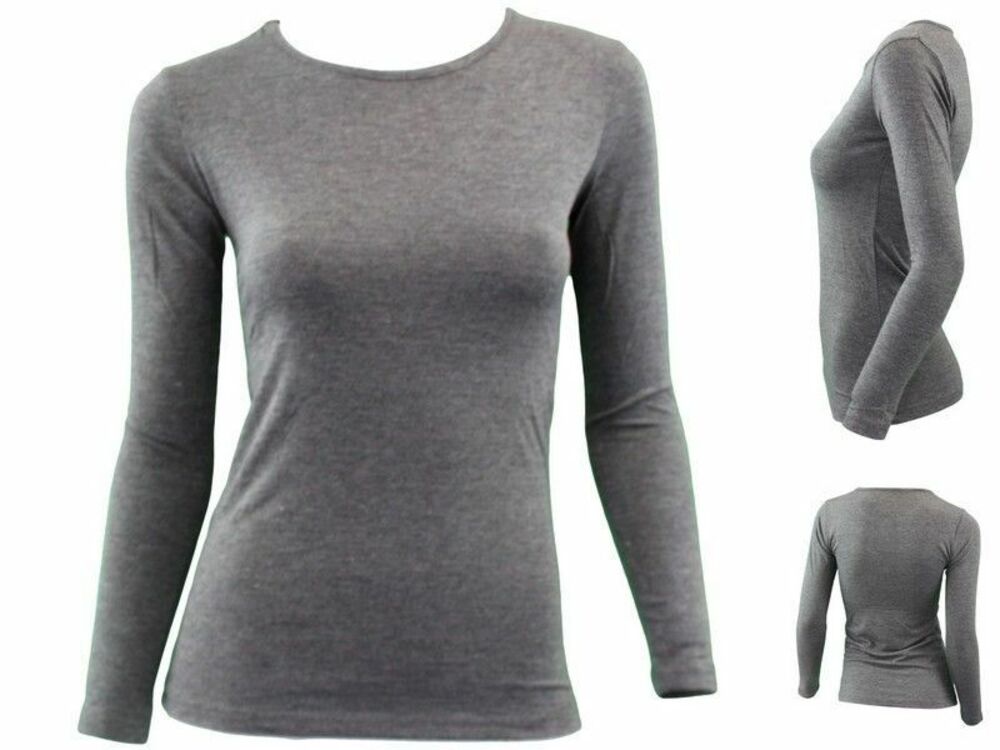NEW Women's Long Sleeve Crew Neck Soft Stretch Plain Colours Basic Tee T-Shirt - Picture 49 of 57