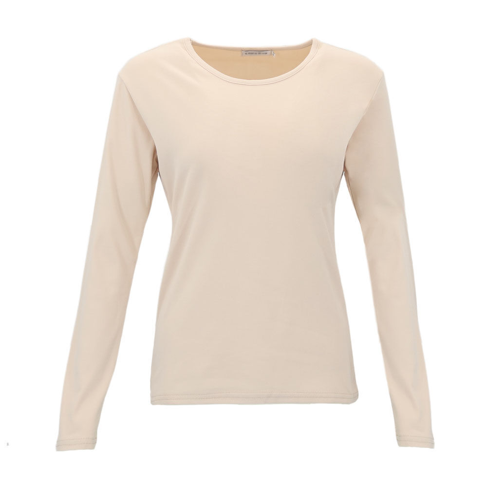 Women's Long Sleeve Thermal Fleece Crew Neck Soft Stretch Plain Color T-Shirt - Picture 48 of 51