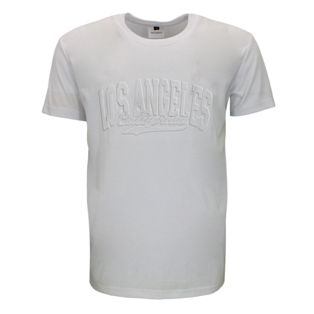 FIL Men's Embossed Casual Cotton Crew Neck T-Shirt Tee Short Sleeve - Los Angele - Picture 3 of 7