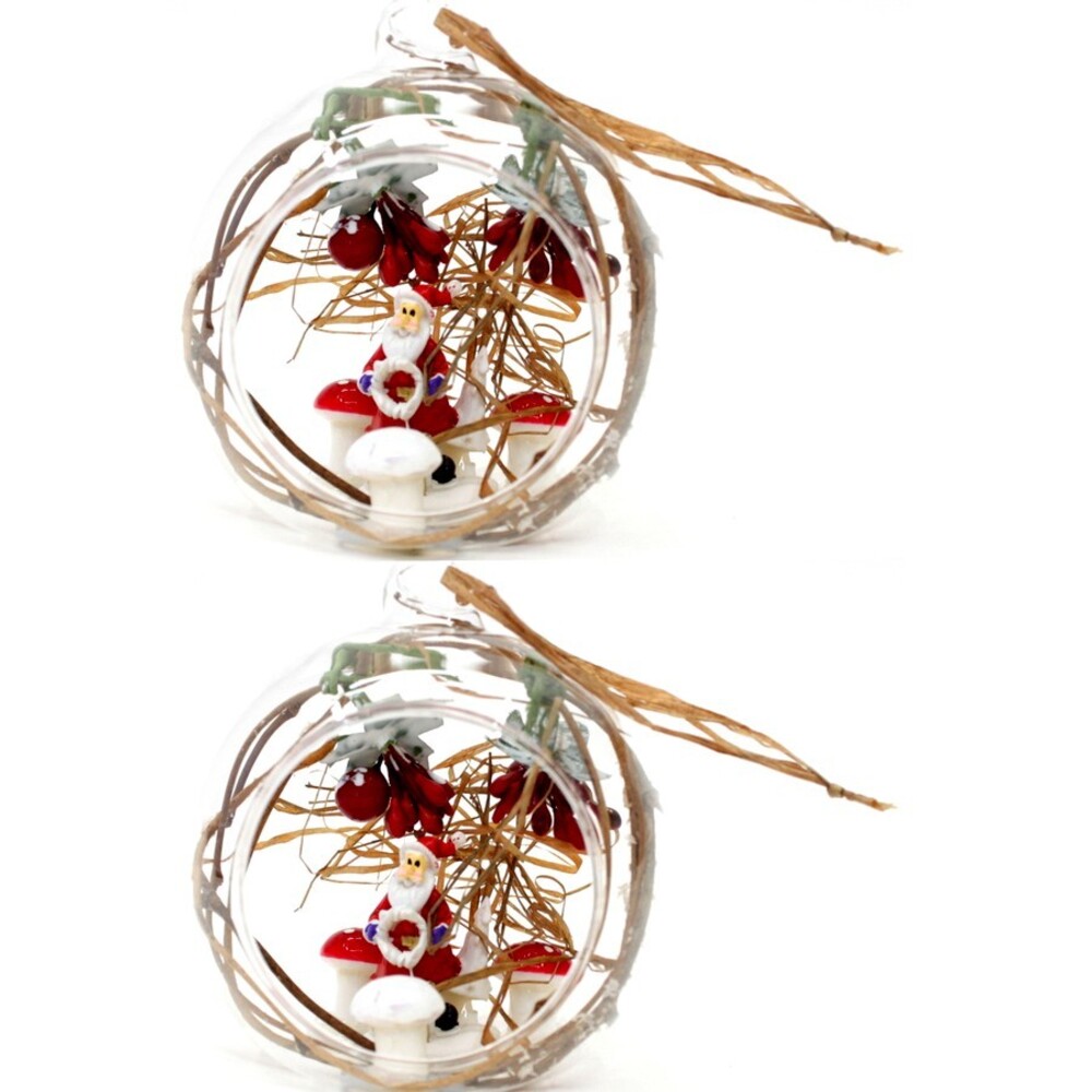 2x Christmas Open Glass Bauble Intricate Hanging Tree Ornament Santa
