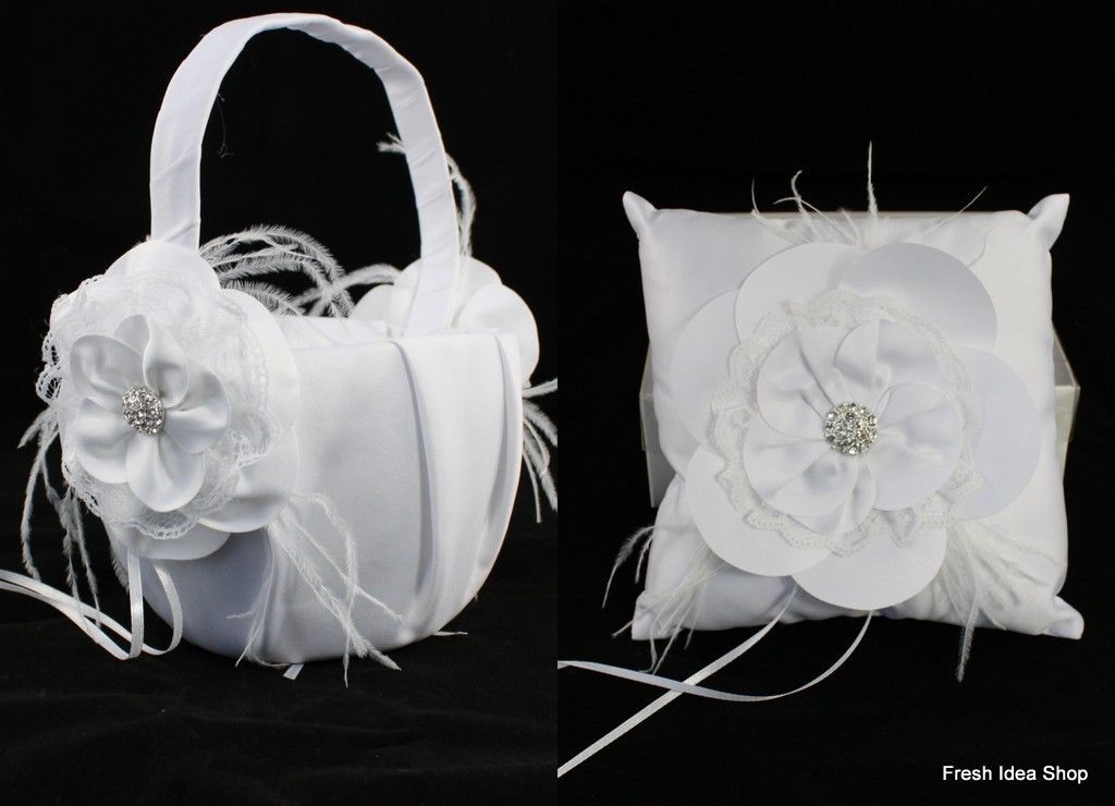 Wedding Flower Girl Basket Ring Pillow Flowergirl White Ivory - Diamante Flower - Picture 7 of 7