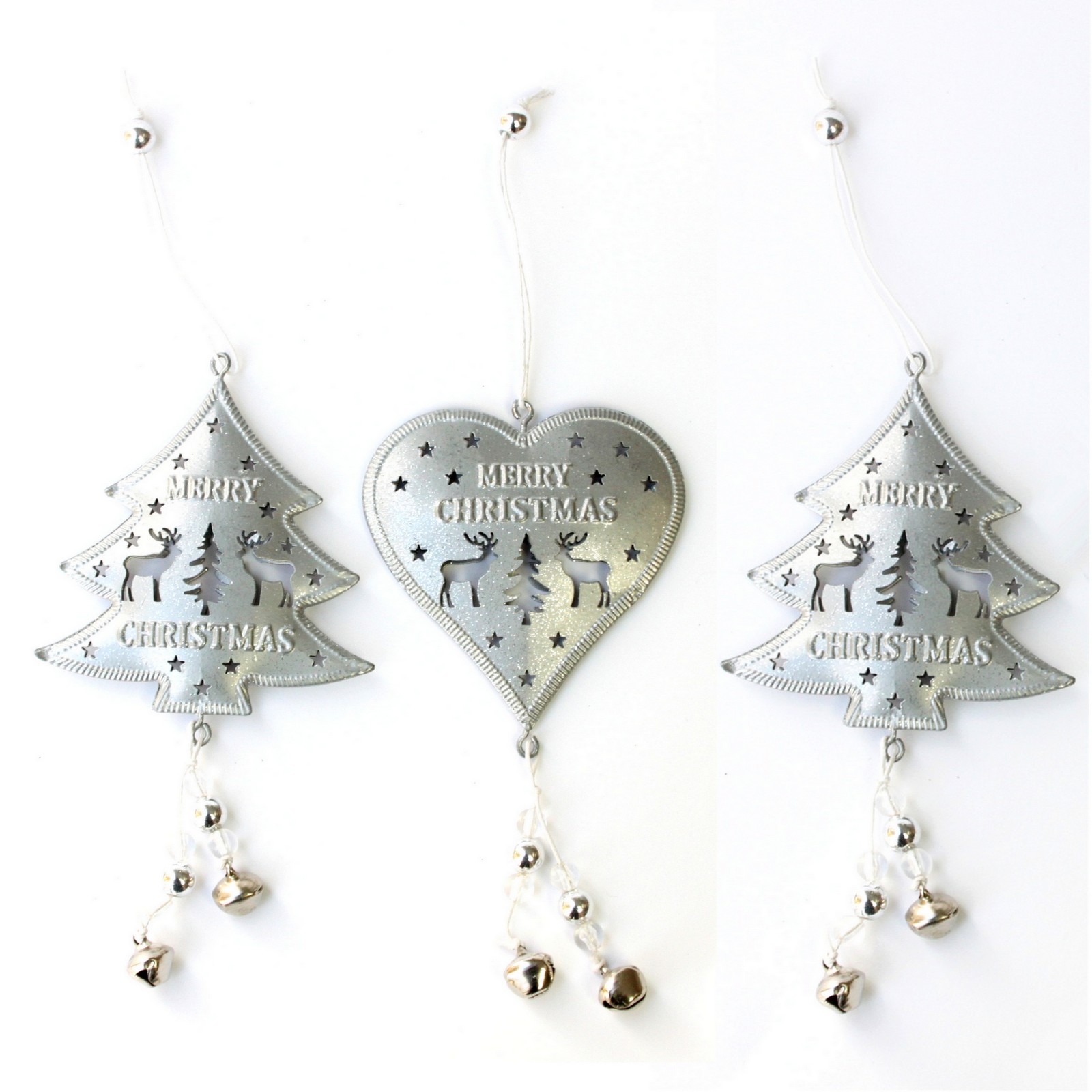 3x Silver Metal 3D Christmas Tree Ornament w Bells Reindeer Hanging