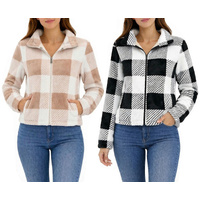FIL Women's Sherpa Fleece Jacket Plaid Zip Up Coat Warm Winter with Pockets