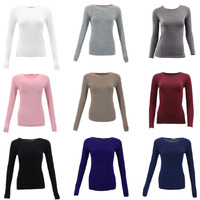 NEW Women's Long Sleeve Crew Neck Soft Stretch Plain Colours Basic Tee T-Shirt
