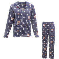 Women's Supersoft Pyjama Plush Loungewear Fleece Sleepwear Pajamas Set Winter PJ [Size: 12] [Design: Navy w Teddy (Button up)]