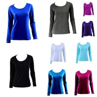 Women's Long Sleeve Crew Neck Soft Stretch T Shirt Tee Top Basic Plain Colours