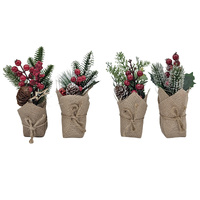 2x Christmas Berry Floral Plant Decoration in Burlap Pot 25cm Rustic Table Decor