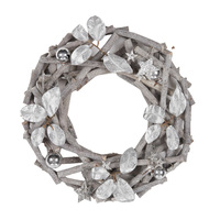Wooden Christmas Wreath White Washed Rustic Natural Wood Silver Stars 30cm