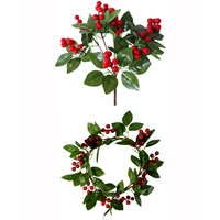 Christmas Red Berry Holly Leaves Foliage Bunch Branch Wreath Xmas Wall Décor