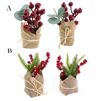 2x Christmas Red Berry Potted Artificial Berries Wrapped Burlap Pot Table Décor