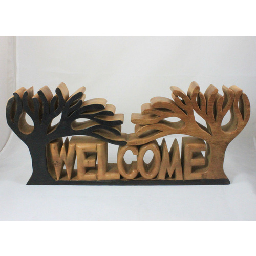 Large Hand Carved Acacia Wood Standing Wooden Word Block Decor - Welcome
