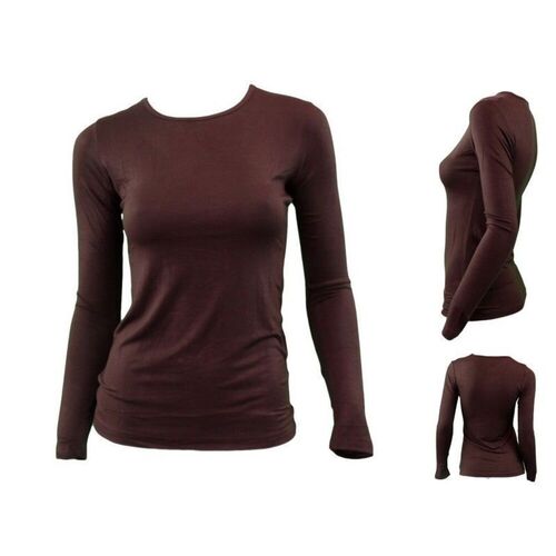 NEW Women's Long Sleeve Crew Neck Soft Stretch Plain Colours Basic Tee T-Shirt [Colour: Chocolate] [Size: 8]