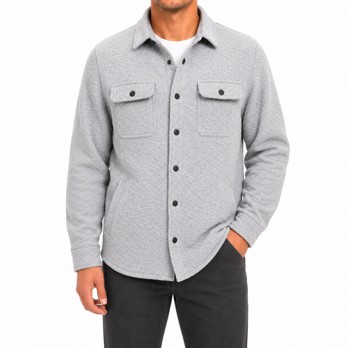 Men's Long Sleeve Quilted Knit Shirt Jacket Overshirt w Pockets [Size: S] [Colour: Grey]
