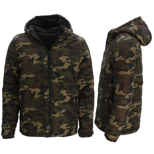 Men's Camo Puffer Jacket Hooded Puffy Coat Camouflage Quilted Winter Jacket [Size: S] [Colour: Green Camo]