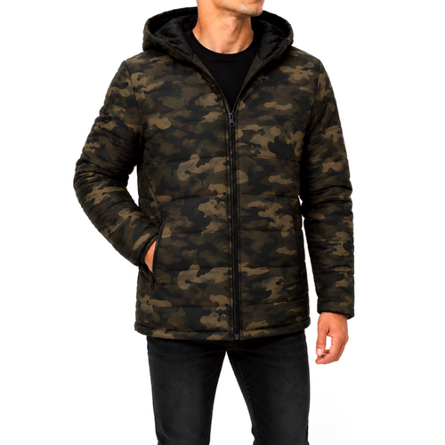 Men's Camo Puffer Jacket Hooded Puffy Coat Camouflage Quilted Winter Jacket [Size: S] [Colour: Green Camo]