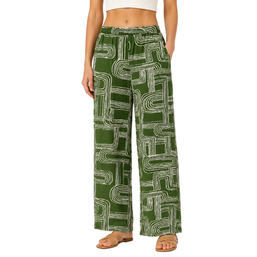 FIL Womens Viscose Linen Blend Wide Leg Pants Printed Elastic Waist Trousers [Design: Abstract Loop / Olive] [Size: 8 ]