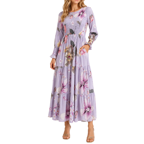 FIL Women's Shirred Elastic Bodice A-Line Maxi Summer Dress w Pockets Long [Size: 8] [Design: E]