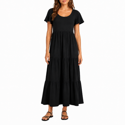 FIL Women's Short Sleeve Maxi Long Summer Dress Floral Beach Party Long Sundress [Size: 8] [Design:Black]