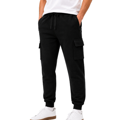 FIL Mens Heavyweight Fleece Cargo Track Pants Warm Joggers Zip Pocket Casual [Size: S] [Design: Black]