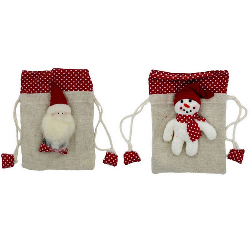 4x Linen Christmas XMAS Gift Bag Pouch w Drawstring Santa Snowman 12x17cm [Design: Polka Dot]