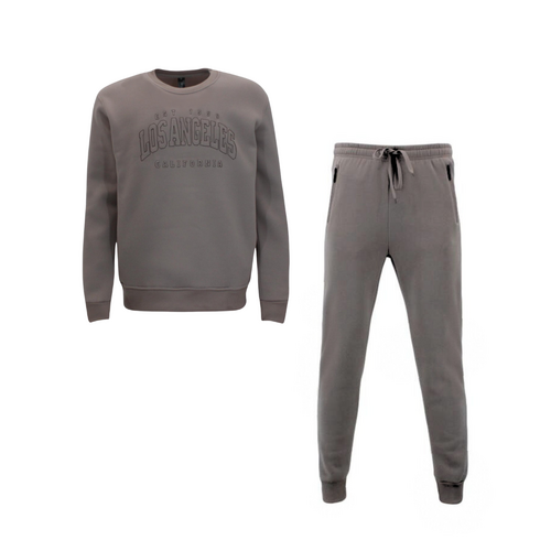 FIL Men's Embossed Fleece Tracksuit 2pc Set Loungewear Pullover Track Pants - Los Angeles [Size: XL] [Colour: Taupe]