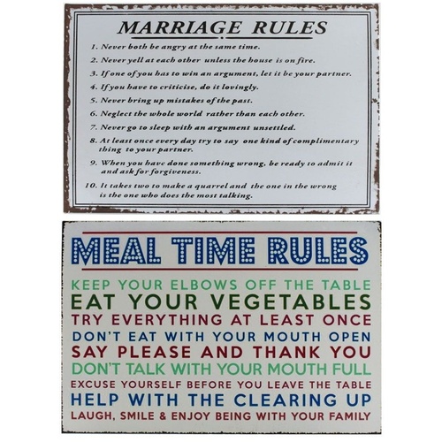 Retro Metal Tin Wall Hanging Plaque - Family Marriage Kitchen Mealtime Rules [Design: Kitchen Rules] 