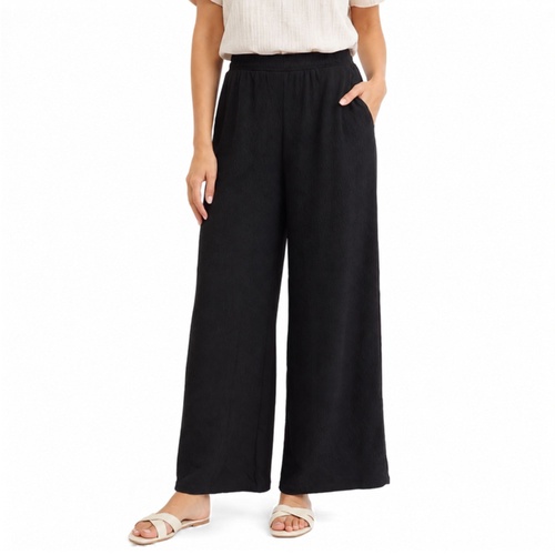 FIL Women's Wide Leg Pants Textured Casual Trousers Elastic Waist Pockets [Size: 8] [Colour: Black]