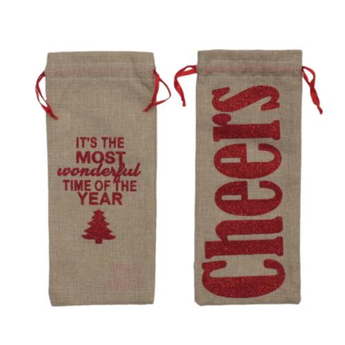 2pcs Jute Christmas Wine Bottle Bags Cover Xmas Gift Wrap Reusable