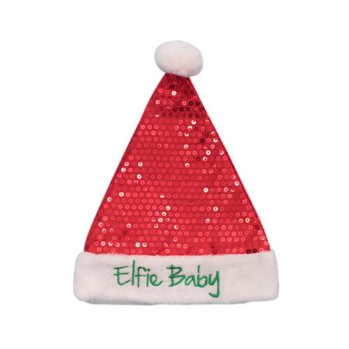 Baby Christmas Elf Santa Hat Sequin Red Kids Toddler Elfie Embroidered [Design: Elfie Baby]