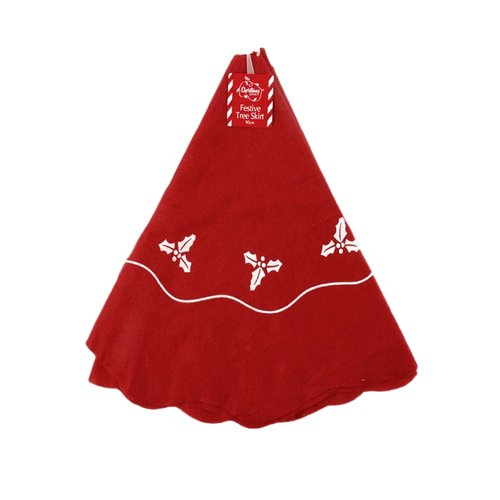 90cm Christmas Tree Skirt Wrap w Holly Decoration Floor Décor [Colour: Red]