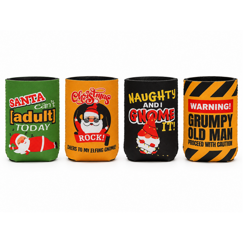 Christmas Stubby Holders 4 Pack Funny Novelty Beer Can Coolers KK Xmas Gift [Design: Humour A]