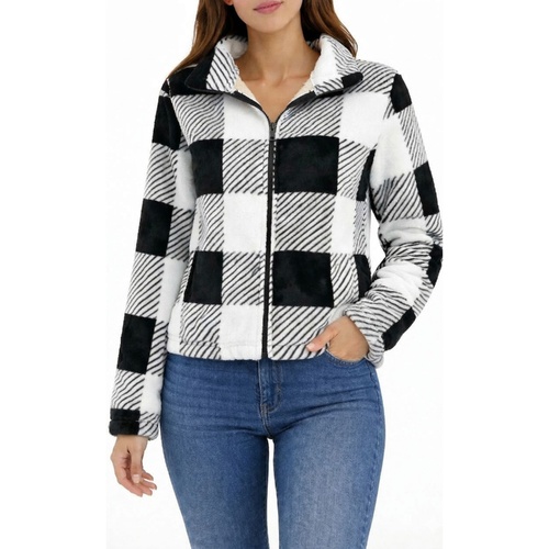 FIL Women's Sherpa Fleece Jacket Plaid Zip Up Coat Warm Winter with Pockets [Size: 10] [Colour: Black Plaid]