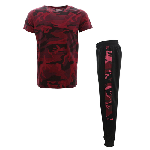 FIL Men's Camo T-Shirt & Tracksuit Sweatsuit Loungewear Set Camouflage [Size: S] [Colour: Red Camo]