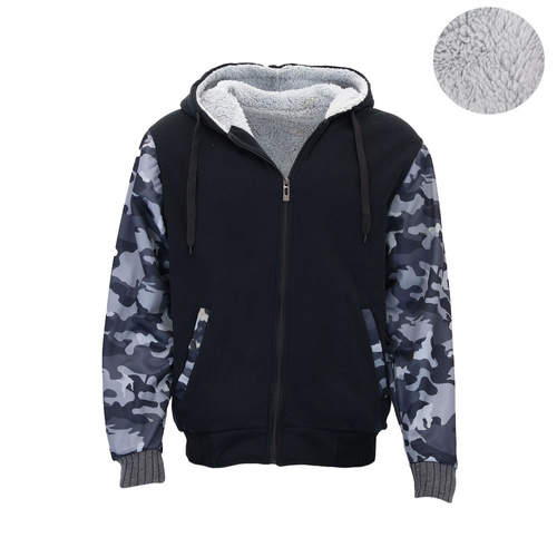 Men's Sherpa Lined Fleece Hoodie Jacket Camo Sleeve Zip Up Warm Winter Jumper [Size: M] [Colour: Black]