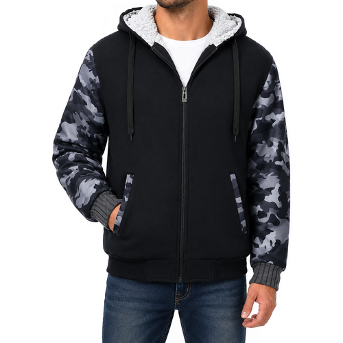 Men's Sherpa Lined Fleece Hoodie Jacket Camo Sleeve Zip Up Warm Winter Jumper [Size: M] [Colour: Black]