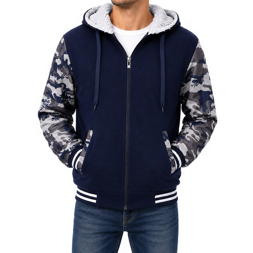 Men's Sherpa Lined Fleece Hoodie Jacket Camo Sleeve Zip Up Warm Winter Jumper [Size: M] [Colour: Navy]