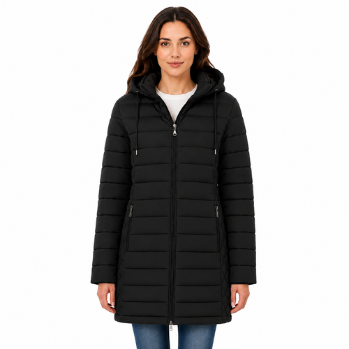 Womens Long Puffer Jacket Winter Coat with Detachable Hood Zip Pockets [Size: S] [Colour: Black]