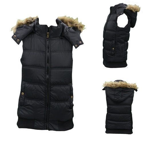 Women's Hooded Sherpa Fur Puffer Vest w Detachable Hood Waistcoat Quilted [Size: 16] [Colour: Black]