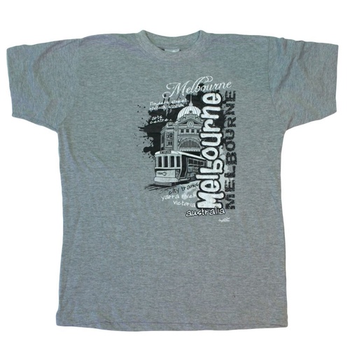 Adult T Shirt Australia Day Souvenir 100% Cotton - Melbourne Trams Flinders St [Size: S] 