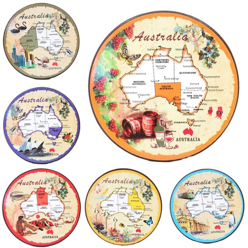 6x Australian Souvenir Drink Round Square Coaster Australia Flag Sydney Gift [Design: Round - Map]