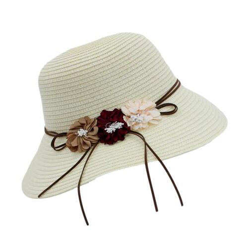 Women's Wide Brim Hat Straw Caps Summer Beach Sun Protective Outdoor Flower A [Colour: Beige]