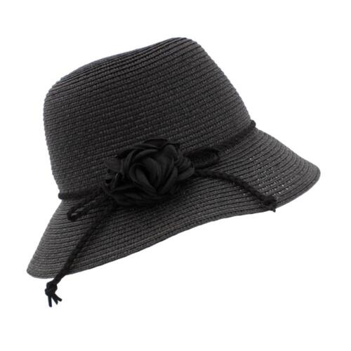 Womens Beach Straw Hat Summer Sunshade Sun Protection Casual Foldable Cap Flower [Colour: Black]