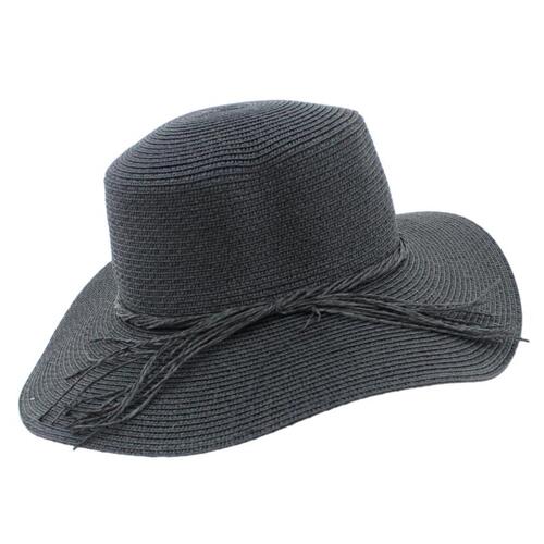 Womens Beach Straw Hat Summer Sunshade Sun Protection Casual Foldable Strings [Colour: Black]
