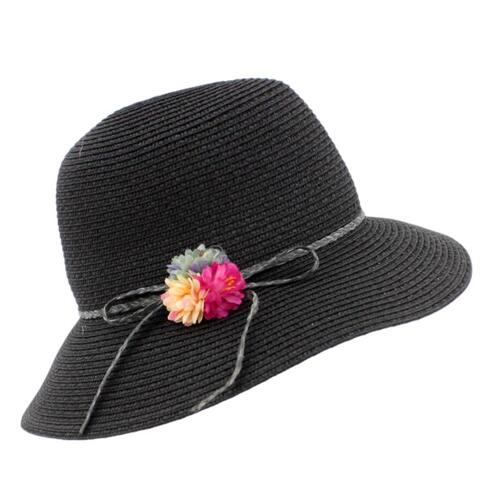 Women's Straw Hat Beach Summer Sun Protection Casual Foldable Flowers [Colour: Black]