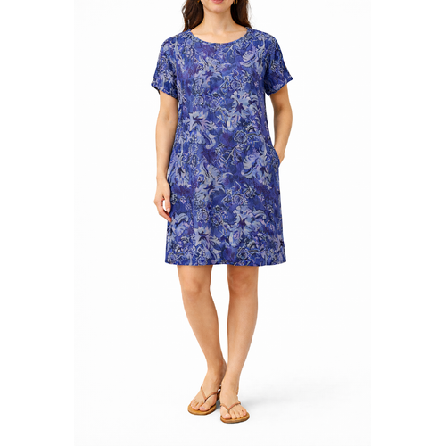 FIL Womens Short Sleeve Summer Dress w/ Pockets Floral Geometric Print Viscose [Size: 8] [Design:Blue Floral]